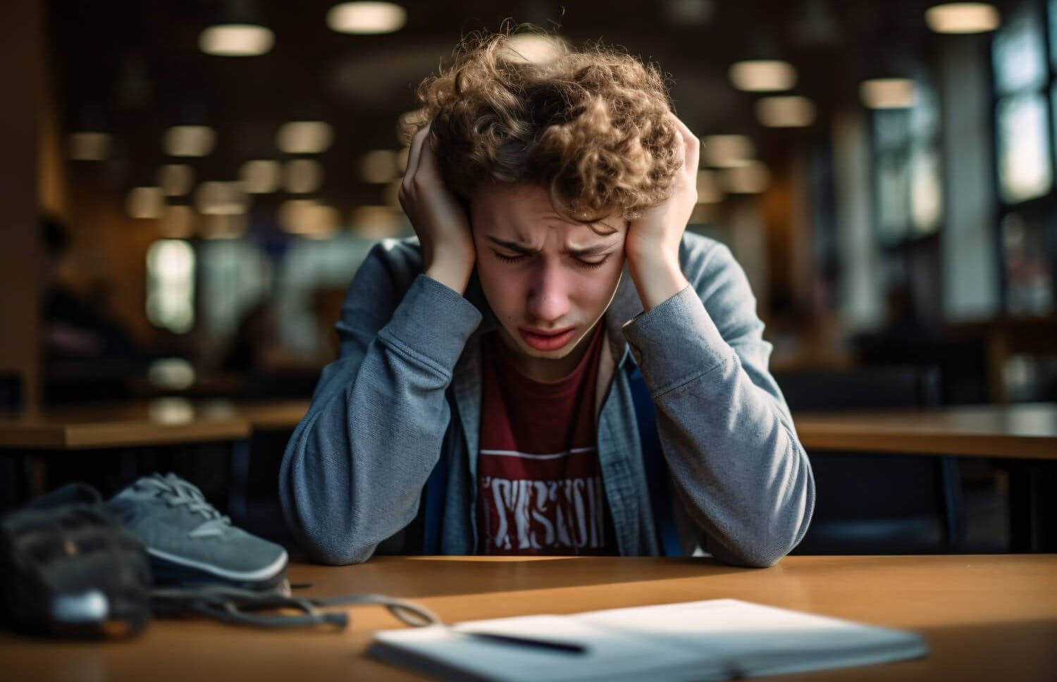 Foto de un joven con ansiedad intentando estudiar